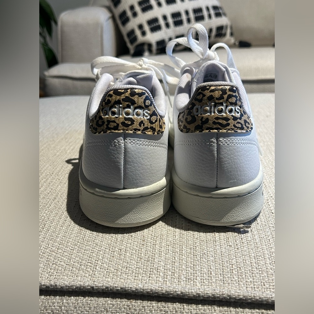 White and cheetah print adidas shoes